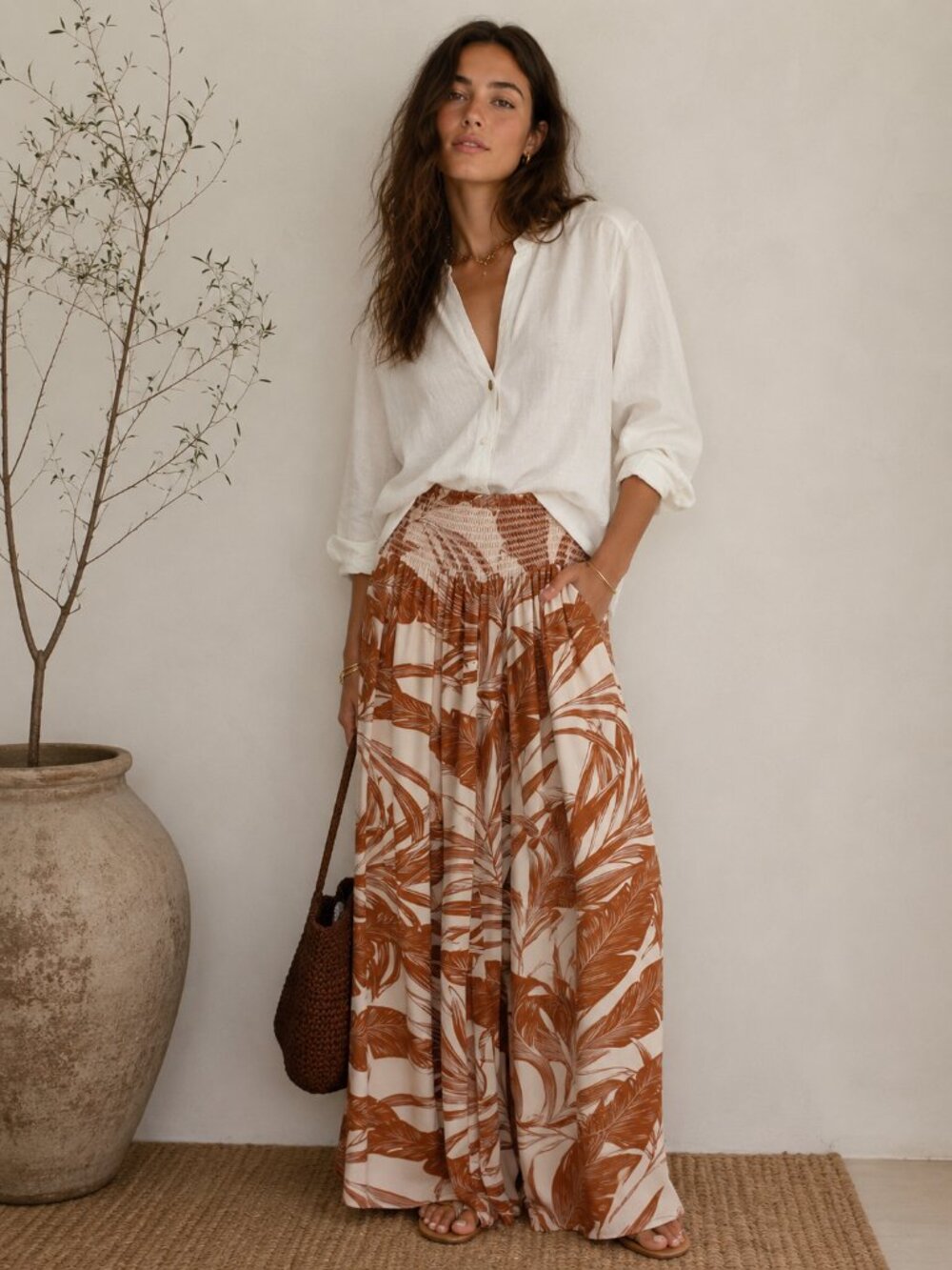 Patrons of Peace Wide Leg Palm Print Pants in White and Rust
